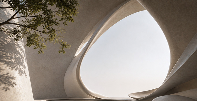 Curved plaster archway framing soft daylight and a leafy branch