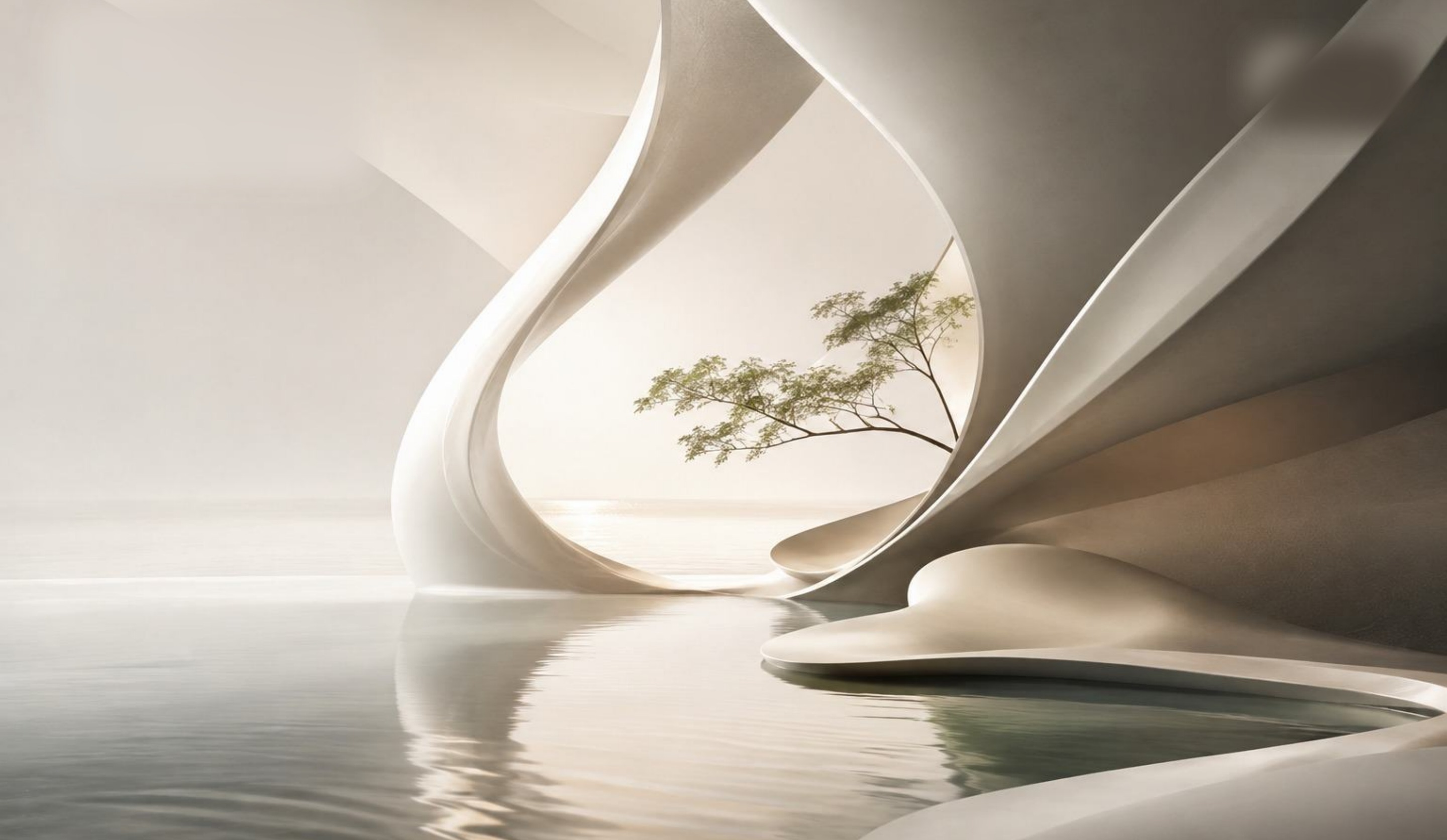 Sculptural sand-toned architecture curving over still water at dawn